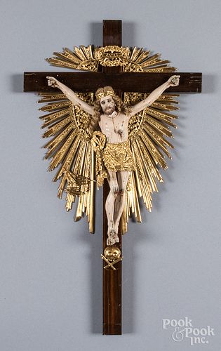 Spanish carved wood and gilt metal crucifix