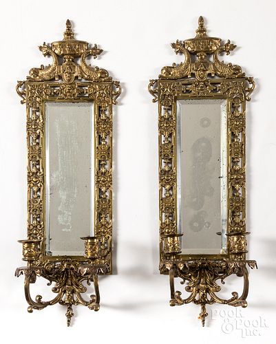 Pair of brass mirrored sconces, early 20th c.