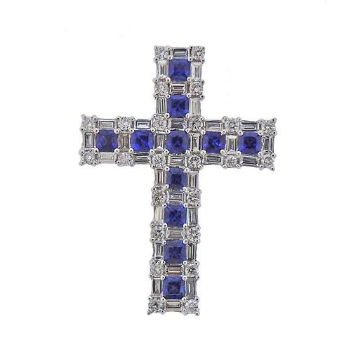 18K Gold Diamond Sapphire Cross Pendant