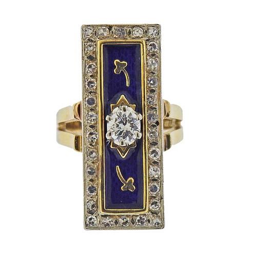 14K Gold Diamond Enamel Ring