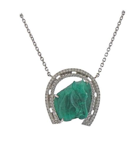 18K Gold 8.75ct Emerald Diamond Horseshoe Pendant Necklace 