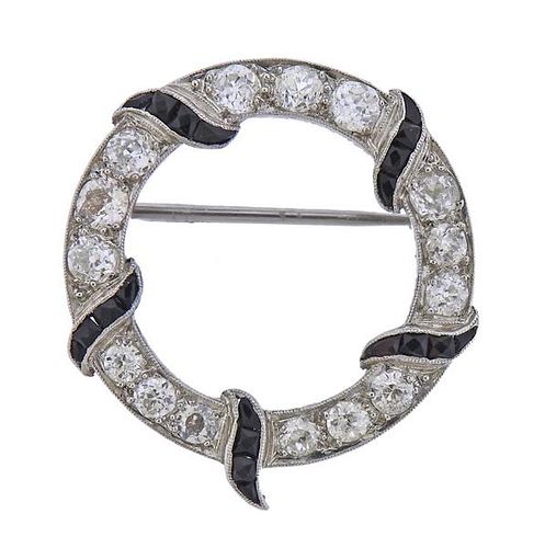 Art Deco 18K Gold Diamond Onyx Brooch Pin