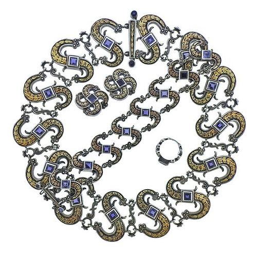 Mitchell Peck Silver 18k Gold Iolite Necklace Bracelet Earrings Brooch Suite