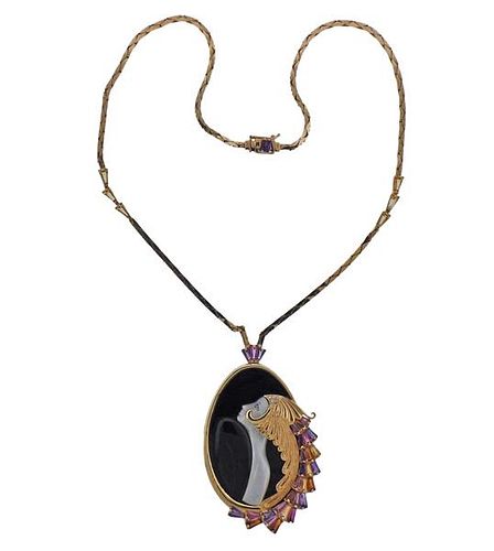 Erte Beauty of the Beast 14K Gold Diamond Gem Pendant Necklace
