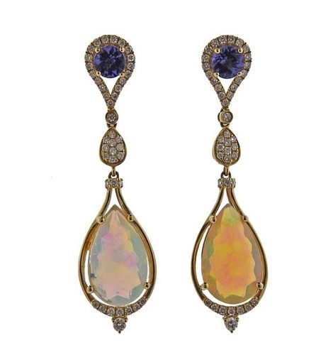 14K Gold Diamond Opal Tanzanite Drop Earrings