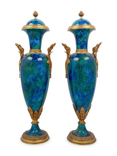 A Pair of Sevres Style Gilt Bronze Mounted Flambe Glazed Urns