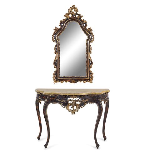 A Louis XV Style Painted and Part-Silvered Console Table and Mirror
