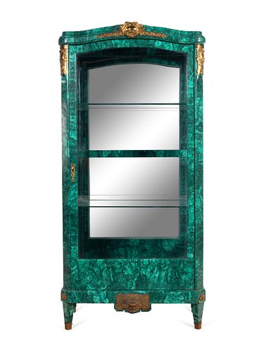 A Louis XV Style Gilt Metal Mounted Malachite Veneered Vitrine Cabinet