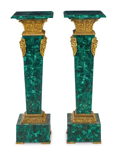 A Pair of Louis XVI Style Gilt Bronze Mounted Malachite Pedestals