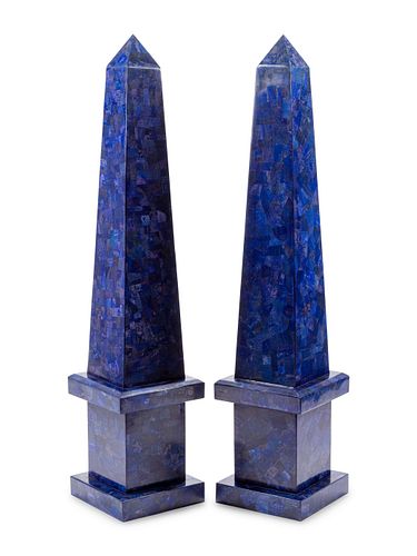 A Pair of Monumental Lapis Lazuli Veneered Obelisks