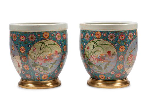 A Pair of Chinese Export Cloisonne-over-Porcelain Jardinieres with Gilt Bronze Bases
