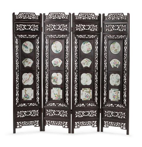 A Chinese Porcelain-Inset Pierce Carved Hardwood Floor Screen