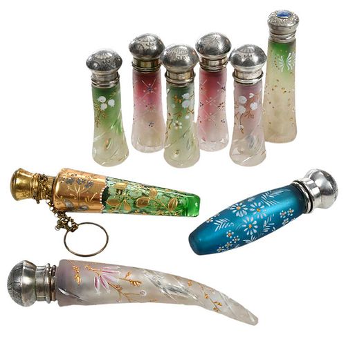Nine Glass Enameled and Gilt Small Scent Bottles