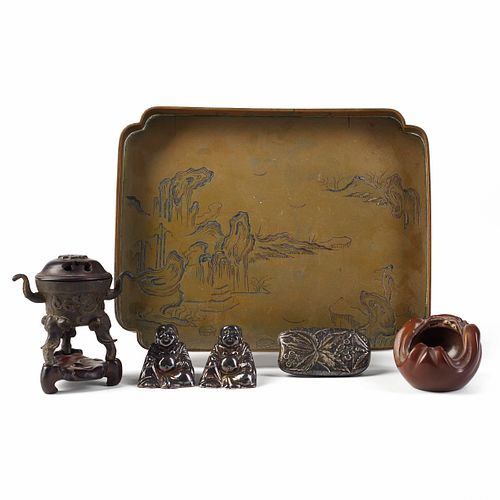 Grp: 6 Chinese Japanese Bronze Silver Wood Objects