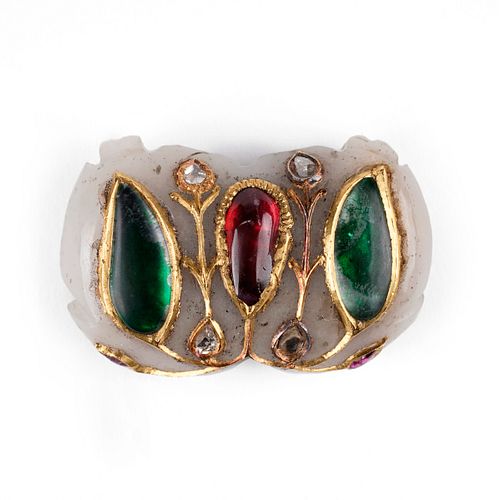 19th c. Mughal Jade Pendant w/ Diamond Emerald Ruby