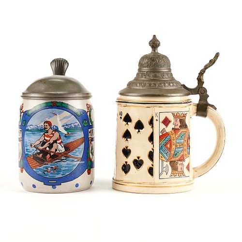 Grp: 2 German Antique Pottery Steins - Rowing Man & House of Cards