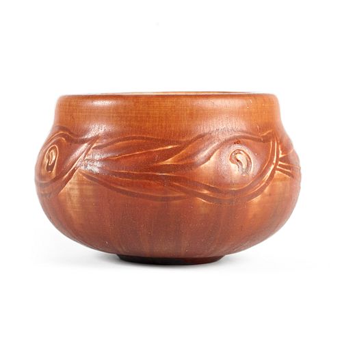 Rookwood Pottery 1914 Arts & Crafts Carved Peacock Feathers Pot
