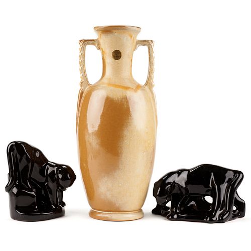 Grp: 3 Frankoma Pottery Ada 1950s Large Vase w/ Cougar Original Bookends