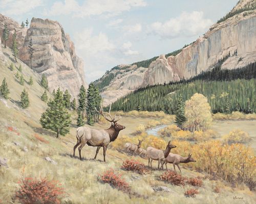 Leslie Peters Elk in Landscape Oil on Canvas
