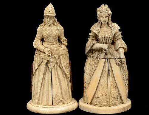 TWO CARVED CONTINENTAL IVORY FIGURAL TRIPTYCHS