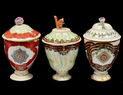 THREE RUSSIAN GARDNER PORCELAIN CUPS AND COVERS