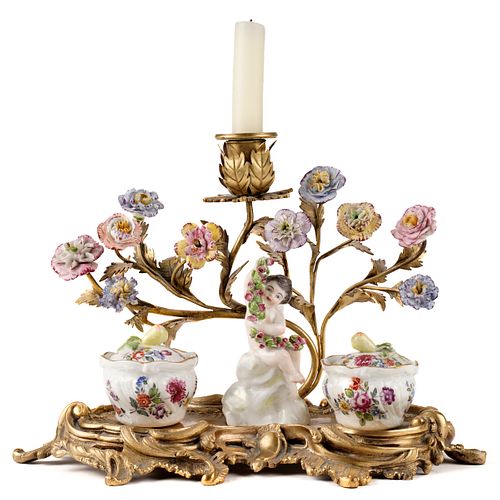 Rococo Style Gilt Bronze Candelabra w/ Porcelain Cherub