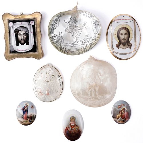 Grp: 8 Russian Icons Religious Porcelain & Shells