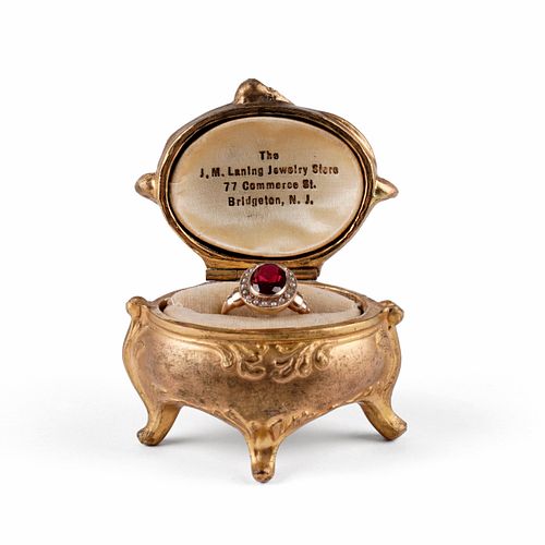 Gold Ruby Pearl Ring w/ Art Nouveau Case