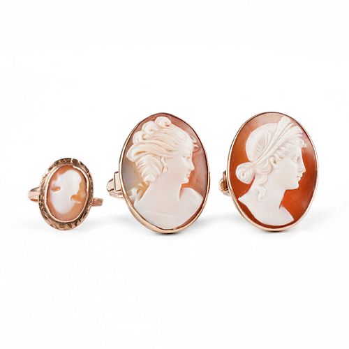 Grp: 3 Carved Shell Cameo & Gold Rings