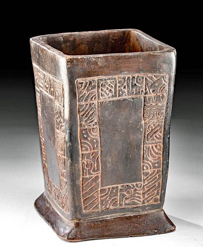Maya Pottery Cuboid Vessel with Glyphs