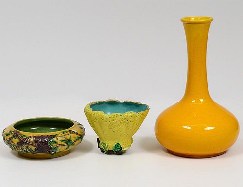 GROUP OF THREE YELLOW GLAZED PORCELAIN ARTICLES