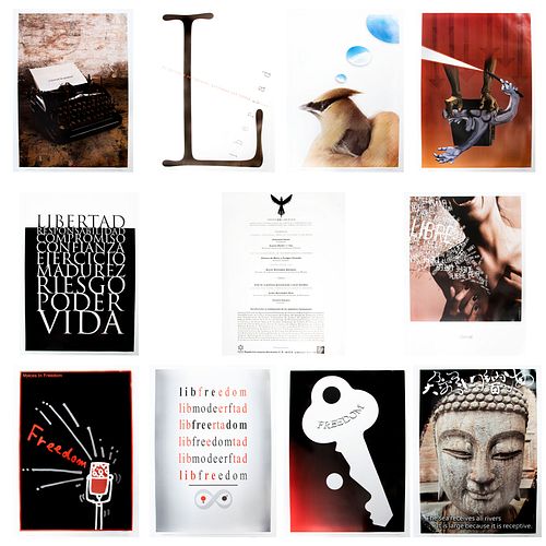 Lote de catálogo y carpeta de carteles "Voces en libertad" de la Undécima Bienal Internacional del Cartel en México. 2010.