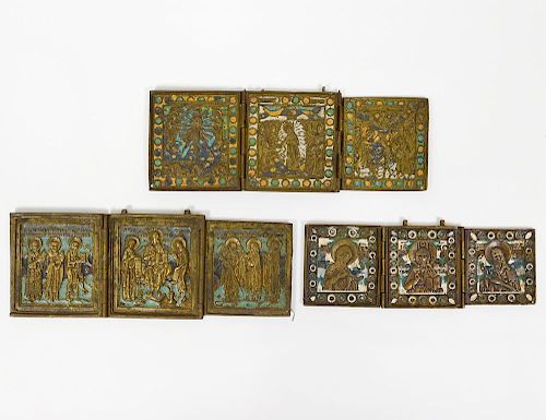GROUP OF THREE RUSSIAN BRASS TRAVELING TRIPTICH ICONS