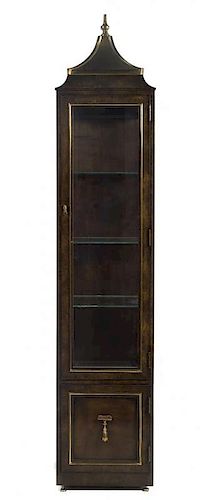 A Mastercraft Burl Veneer and Brass Mounted Vitrine Cabinet, Height 85 x width 17 1/8 x depth 15 7/8 inches.