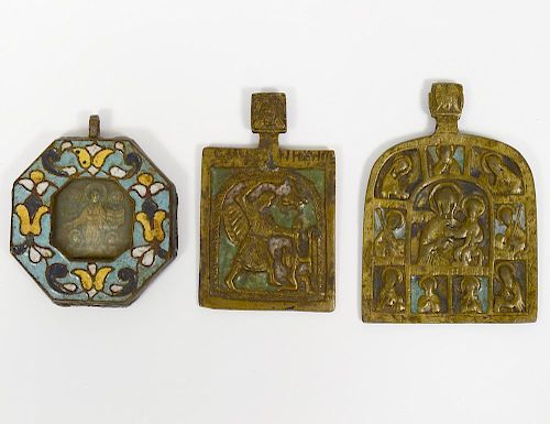 GROUP OF THREE RUSSIAN BRASS AND ENAMEL ICONS