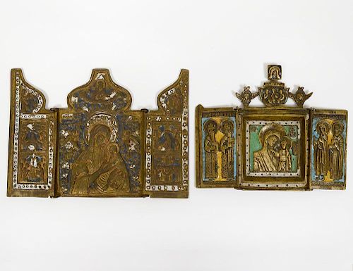TWO RUSSIAN BRASS AND ENAMEL TRAVELING TRIPTYCH ICONS