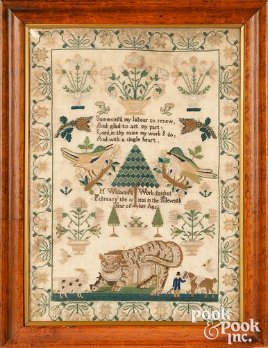 English silk on linen sampler, dated 1835 with cat