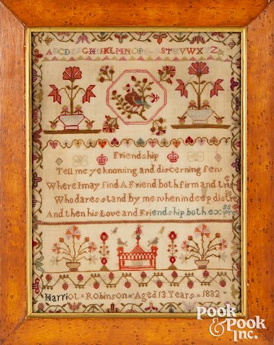 English silk on linen sampler, dated 1832