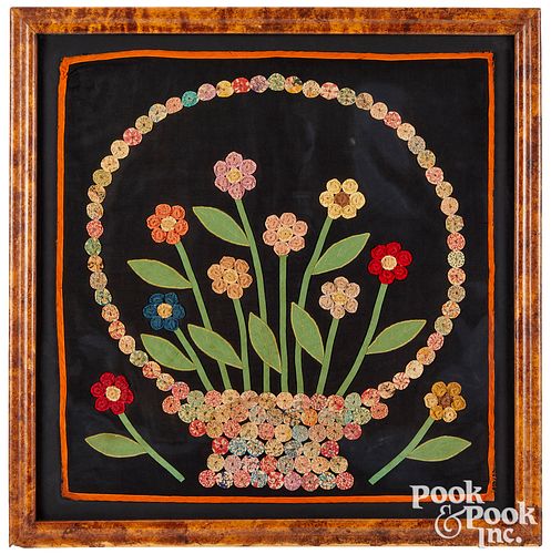 Pieced and embroidered flower basket, late 19th c.