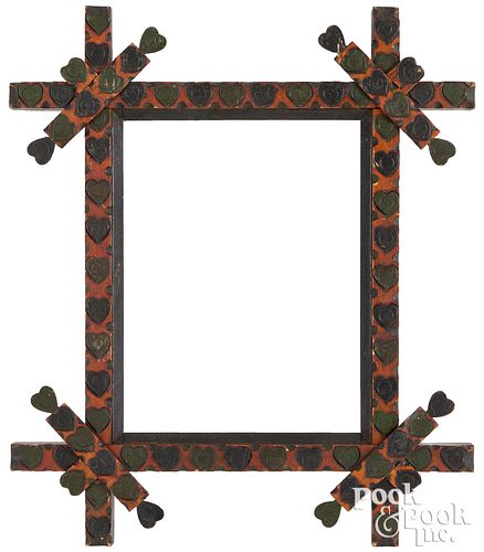 Painted tramp art frame, late 19th c., with hearts