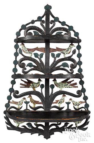 Small carved and painted hanging shelf, birds