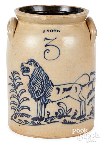 NY stoneware crock, Lyons cobalt lion