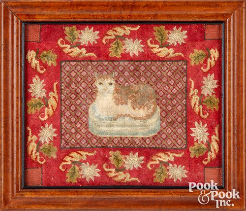 Two Victorian needleworks of a cat and dog