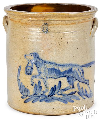 Six-gallon stoneware crock, cobalt dog & basket