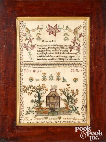 English silk on linen sampler, dated 1824