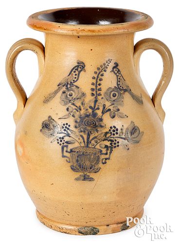 Stoneware two-handled urn, birds & flower urn