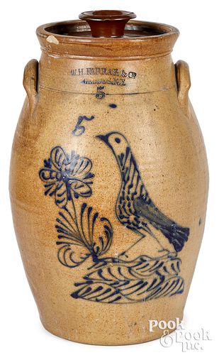 NY stoneware churn, W.H. Farrar bird & flower