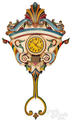 Carved and painted folk art carousel clock