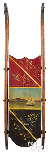 Painted sled, decorated with a sailing ship