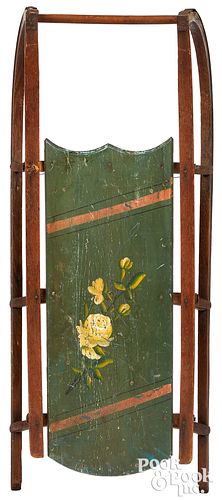 Painted sled, with floral decoration green